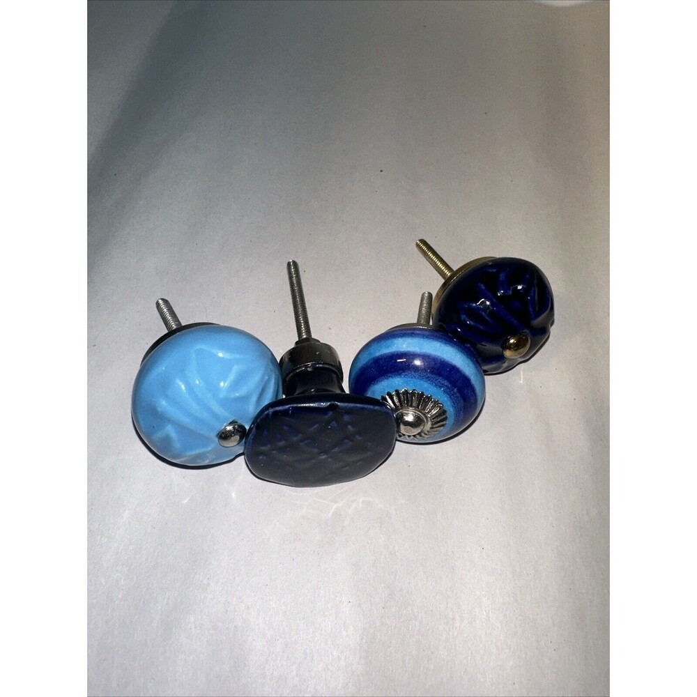 Set Of 4 Blue Ceramic Drawer Pulls Knobs